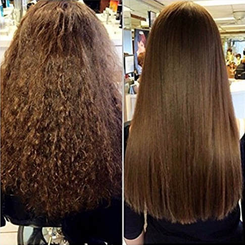 White female in two seperate shots. The first image is of long hair to her back that is frizzy. The second image shows her hair straight.